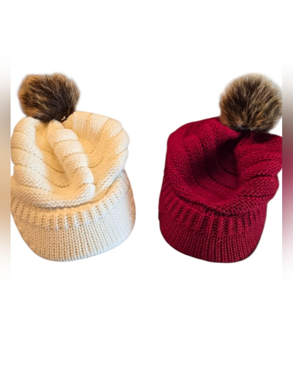 Set of Knit Beanies with brim and faux Fur Pom-Pom - Cream and Red